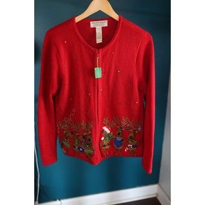 Tiara International Christmas UglySweater Cardigan Singing Reindeer Size M Women